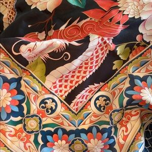 Johnny Was Black Multicolor Dragon Print Silk Scarf